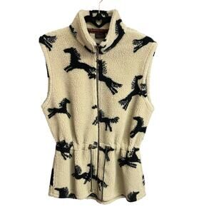 Vintage Tsunami Horse Print Sherpa Fleece Vest Cream Black Womens Small